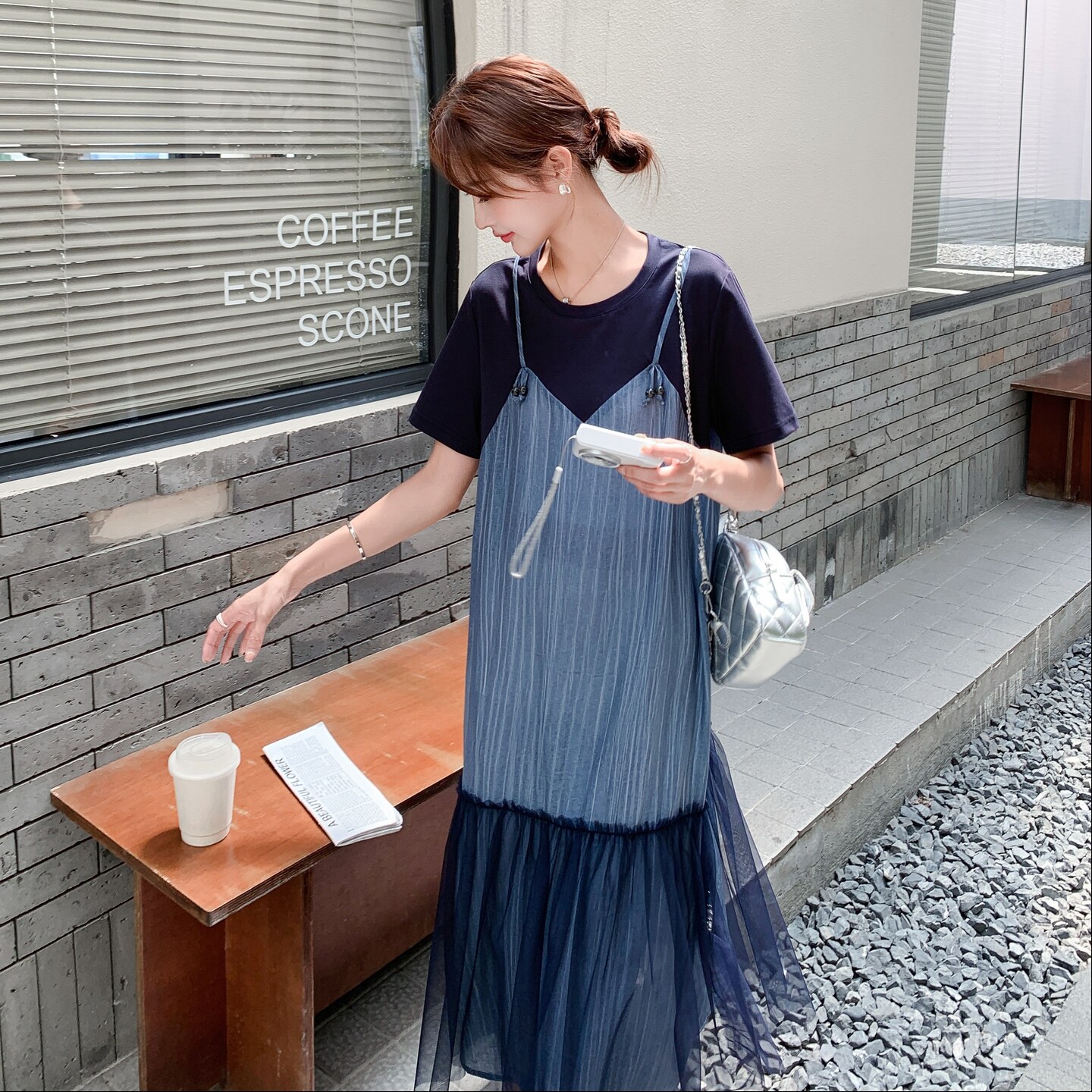新品现货拼接撞色假两件吊带连衣裙2C075-8677-P135-K198,女装连衣裙,2C075