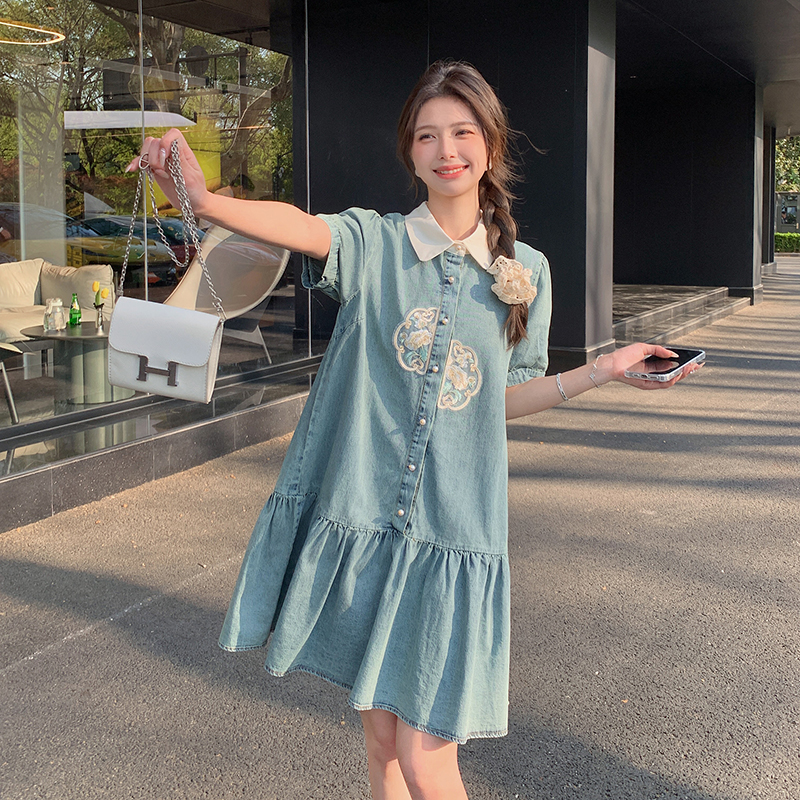 新中式国风牛仔连衣裙女2024夏季新款小个子高级感衬衫POLO短裙子，女装孕妇装，菡迪欧娜