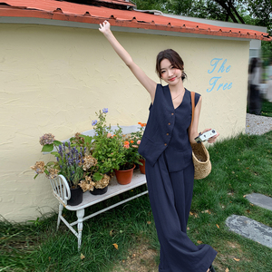 夏日穿搭老钱风西装马甲阔腿裤套装女显瘦轻奢高级感休闲裤两件套图片