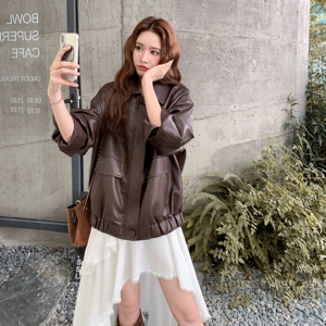 高级小众美拉德咖色皮衣外套女春秋超火好看机车服酷飒短夹克上衣图片