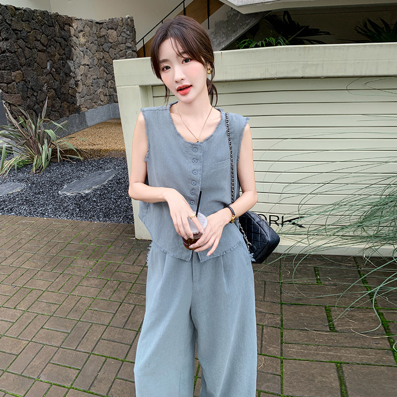 新品主推款毛边无袖上衣+阔腿裤两件套629-P165-K228,女装套装/套裙,2C075