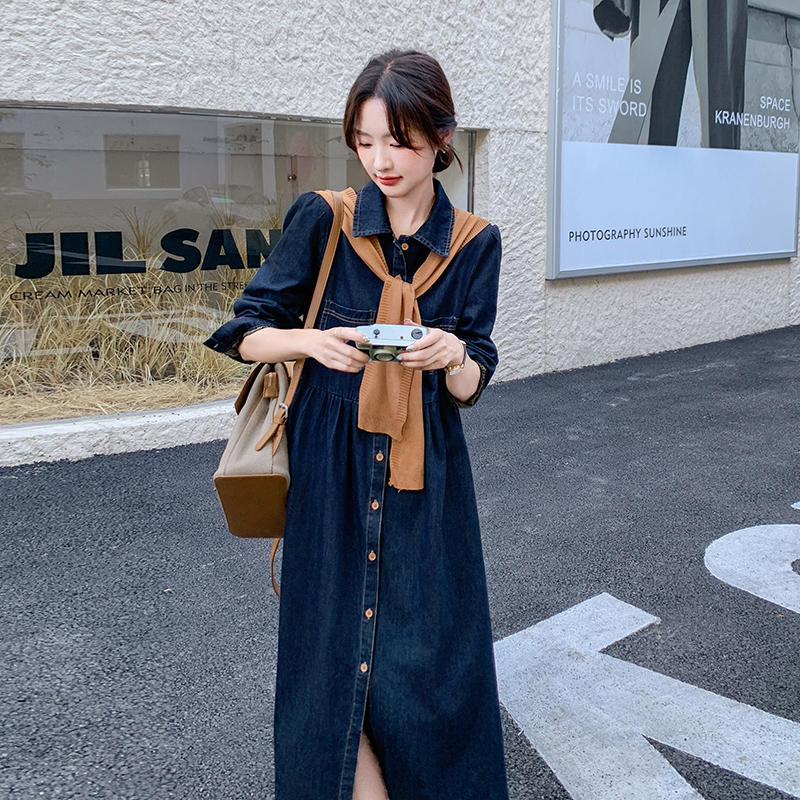 24新品现货法式气质牛仔连衣裙配披肩2C075-663-P155-K228，女装连衣裙，菡迪欧娜