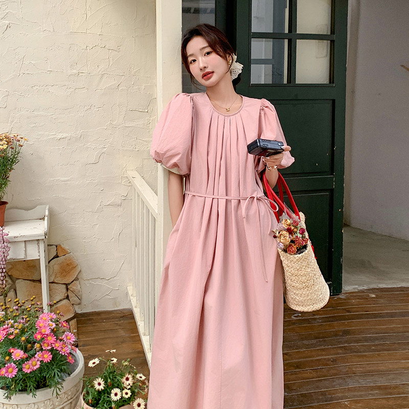 新品法式温柔风粉色泡泡袖连衣裙女长裙2C075-383-P125-K178,女装连衣裙,菡迪欧娜