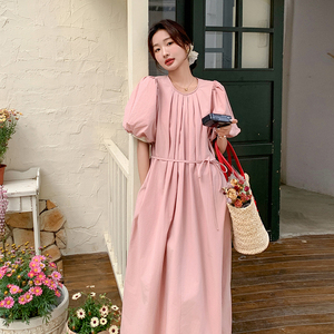 新品 法式温柔风粉色泡泡袖连衣裙女长裙2C075-383-P125-K178图片