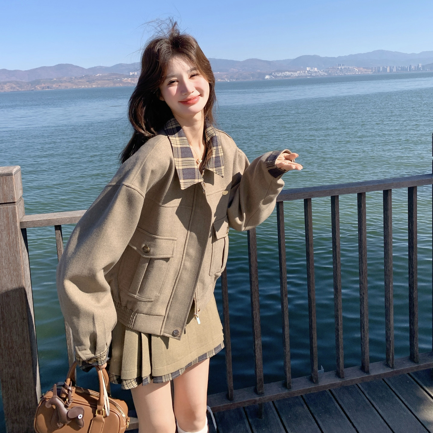 【大货】格子拼接夹克外套百褶裙两件套套装26007-P195-K308,女装套装/套裙,2C075