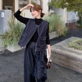 时尚拉链马甲背心牛仔阔腿裤套装女2025秋帅气坎肩直筒长裤两件套，商品下架区，菡迪欧娜