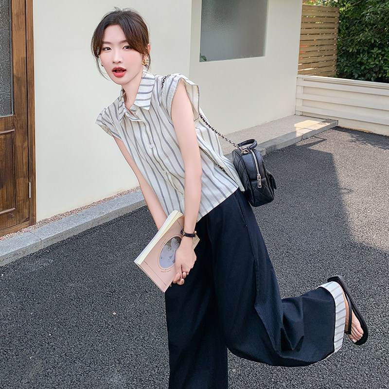 新品条纹飞飞袖上衣+慵懒拼接阔腿裤两件套612-P155-K218,女装套装/套裙,2C075