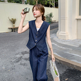 极简风休闲休闲风夏季老钱风显瘦时尚套装上衣女装无袖套装显瘦，女装套装/套裙，2C075