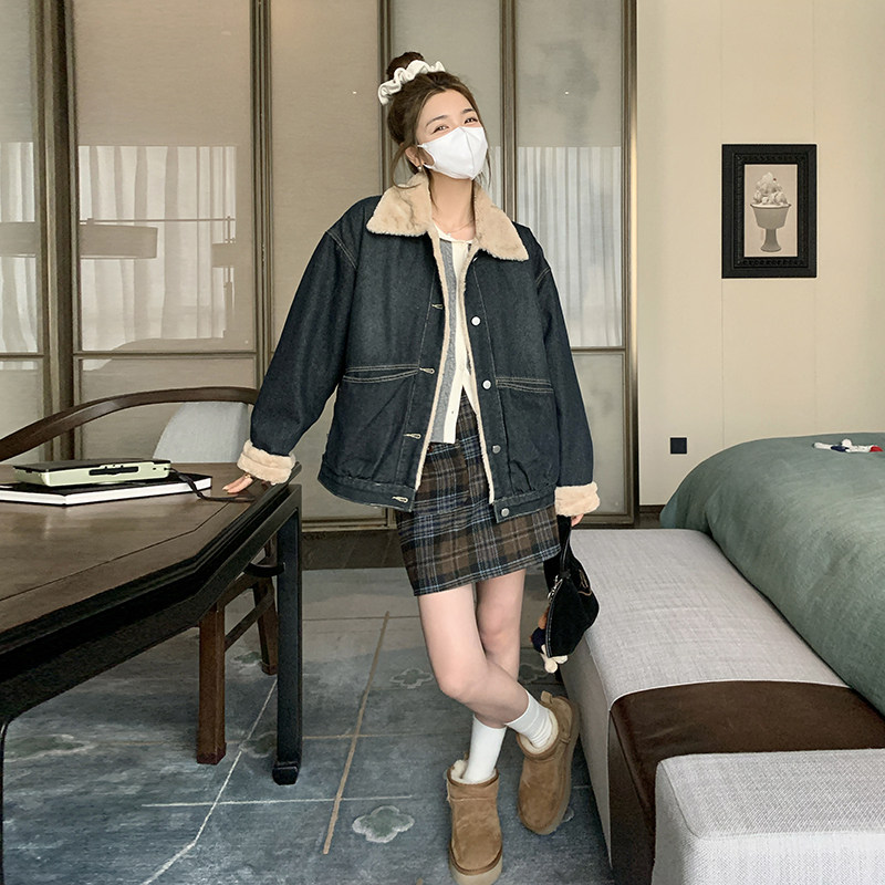 新款现货牛仔派克服内胆兔毛保暖外套2C075-281-P185K268,女装短外套,菡迪欧娜