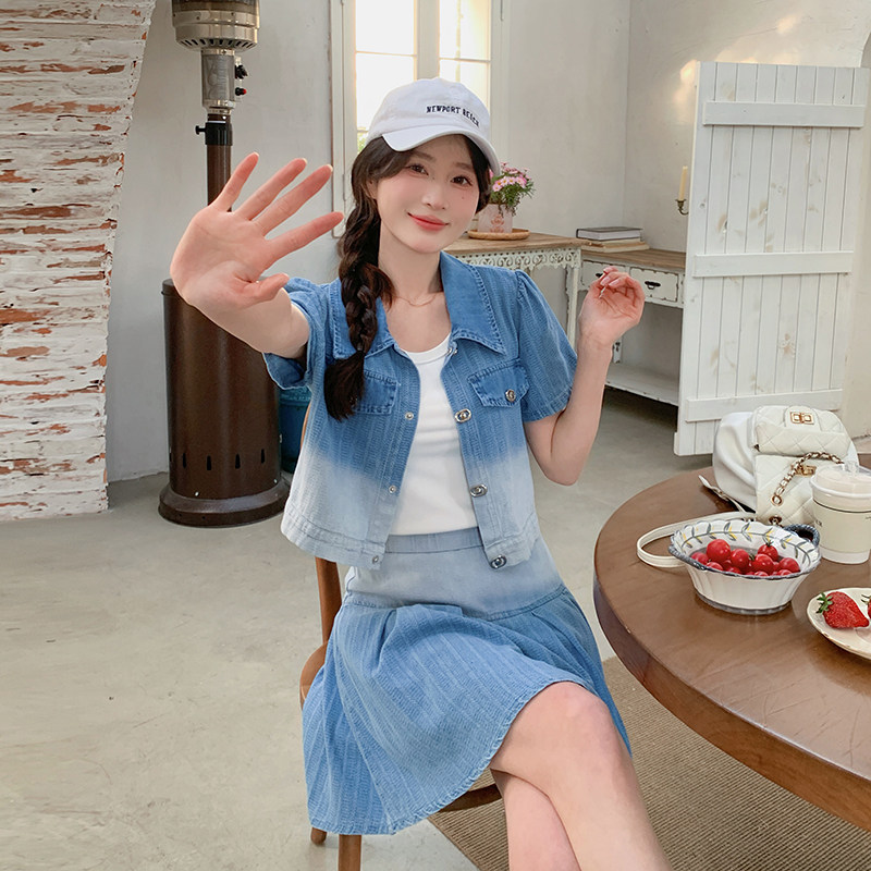 新品现货渐变蓝色牛仔外套+高腰百褶裙两件套373-P145-K198,女装套装/套裙,菡迪欧娜