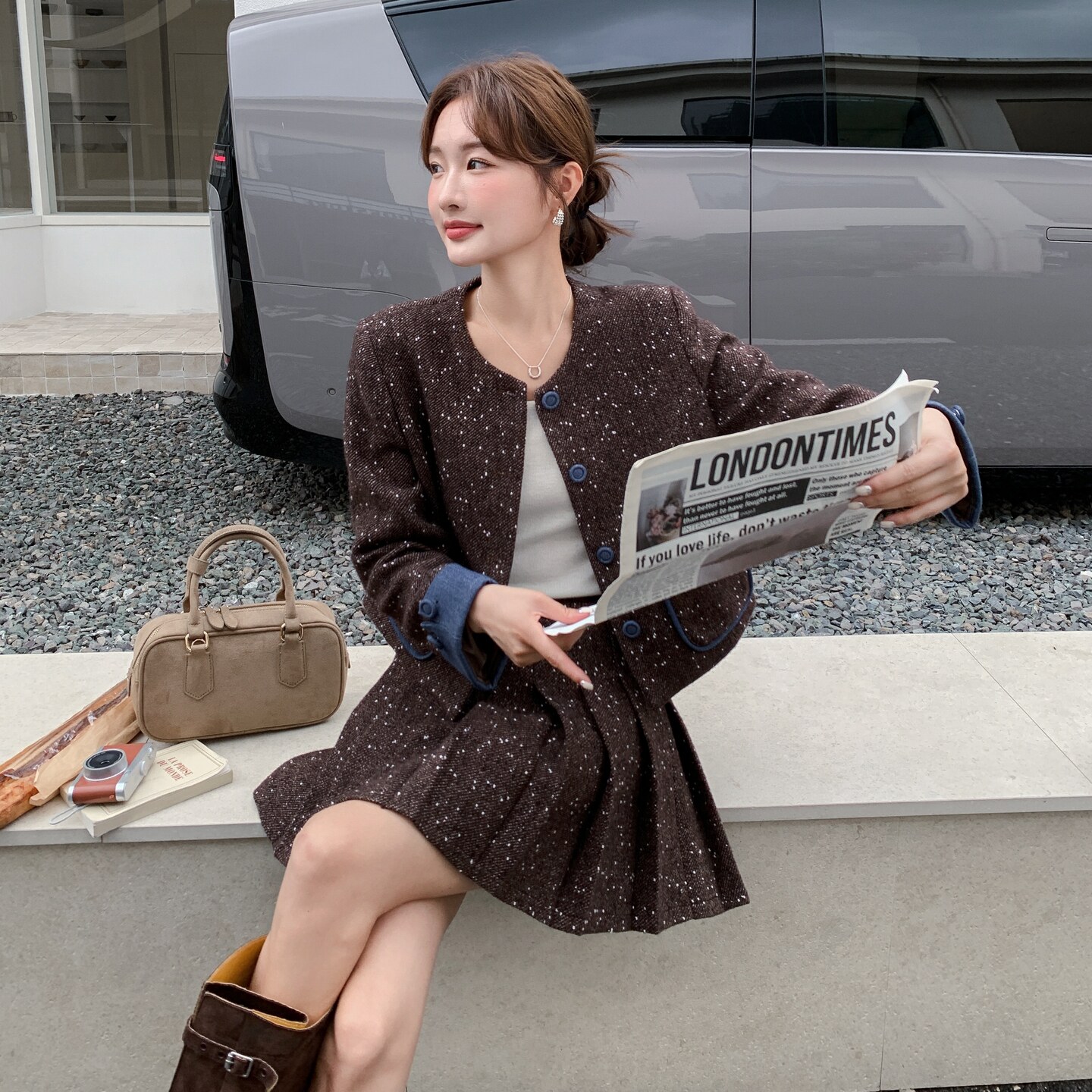 复古撞色细闪毛呢套装裙女秋冬新款高级感时尚外套百褶裙两件套潮,女装套装/套裙,菡迪欧娜