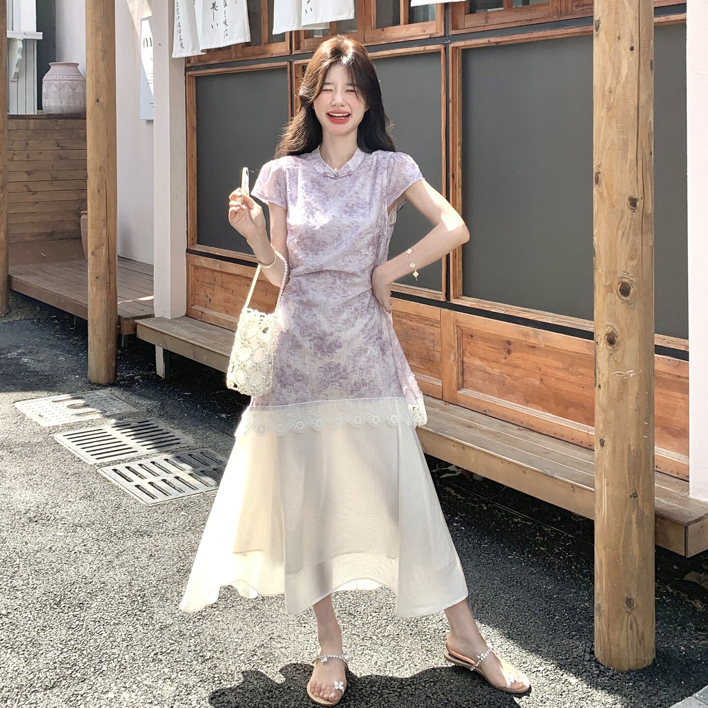 2025年夏季新款新中式国风紫色唯美气质显瘦提花盘扣拼接连衣裙女,女装连衣裙,2C075