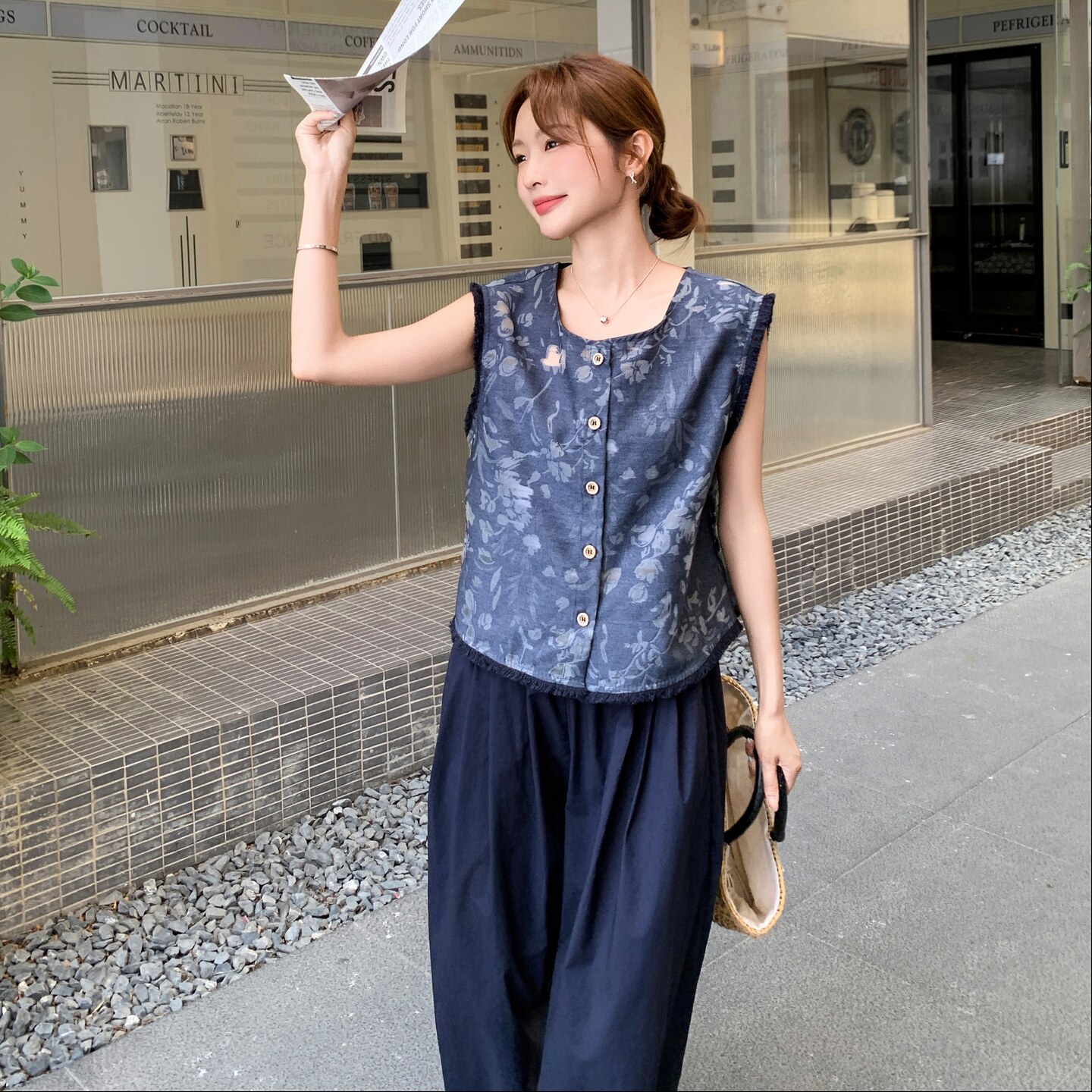 复古印花马甲套装女2025夏季新款韩系时尚宽松阔腿裤百搭两件套,女装套装/套裙,2C075