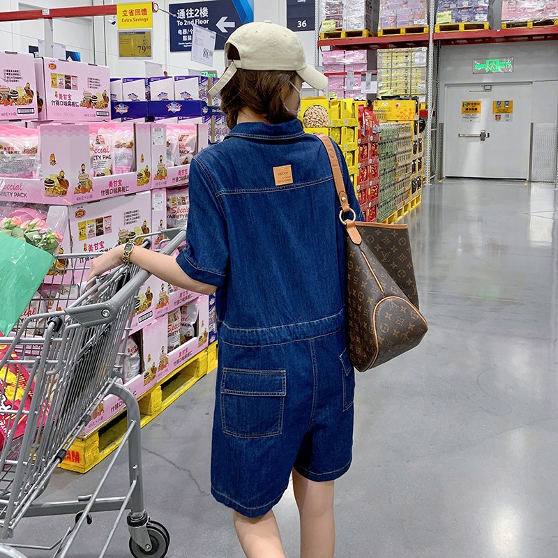 工装牛仔连体短裤女2023夏新款小个子高腰显瘦高级感连身衣裤套装,女装连体裤,菡迪欧娜