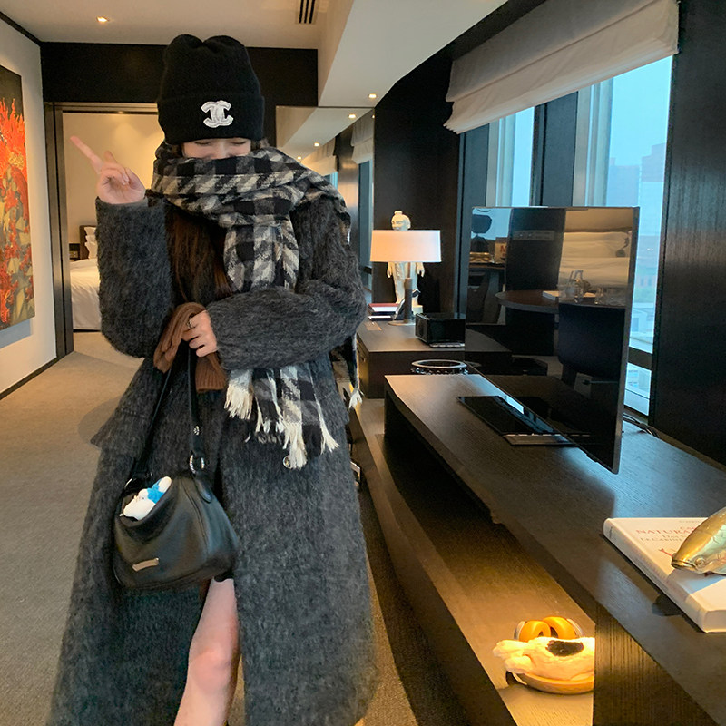 美式复古深灰色中长款毛呢外套女秋冬超火好看高级感加厚呢子大衣,女装毛呢外套,菡迪欧娜