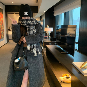 美式复古深灰色中长款毛呢外套女秋冬超火好看高级感加厚呢子大衣图片