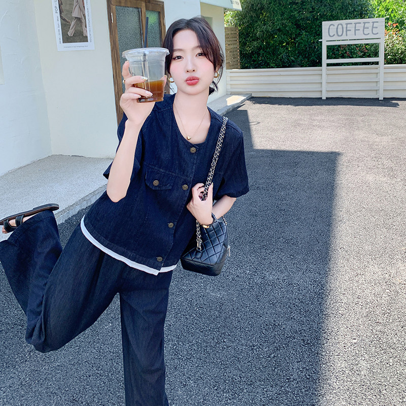 休闲风少女风时尚套装裤子气质连体显瘦夏季西装上衣显瘦气质高腰,女装套装/套裙,2C075