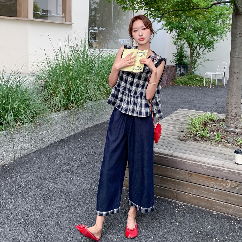 新品现货格子上衣+慵懒拼接九分阔腿裤两件套777-P155-K218,女装套装/套裙,2C075