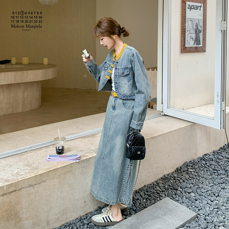 新品撞色牛仔外套+半身裙套装配皮带6015-P185-K268,女装套装/套裙,2C075