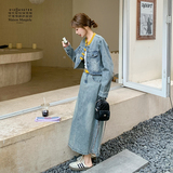 新品撞色牛仔外套+半身裙套装配皮带6015-P185-K268，女装套装/套裙，2C075