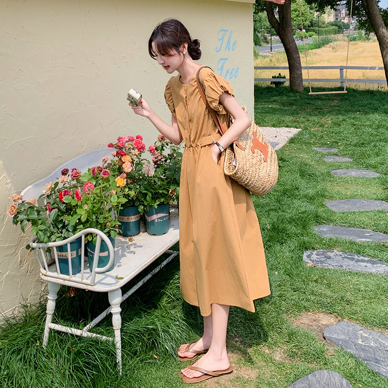 浅橘色漏腰V领连衣裙女2023夏新款法式轻熟风露腰设计感小众裙子,女装连衣裙,2C075