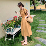 浅橘色漏腰V领连衣裙女2023夏新款法式轻熟风露腰设计感小众裙子，女装连衣裙，2C075
