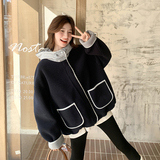 新品现货藏蓝色拼色皮毛一体外套2C075-2025-P185-K268，女装短外套，菡迪欧娜