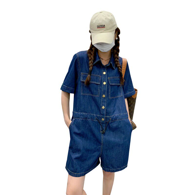 工装牛仔连体短裤女2023夏新款小个子高腰显瘦高级感连身衣裤套装,女装连体裤,菡迪欧娜