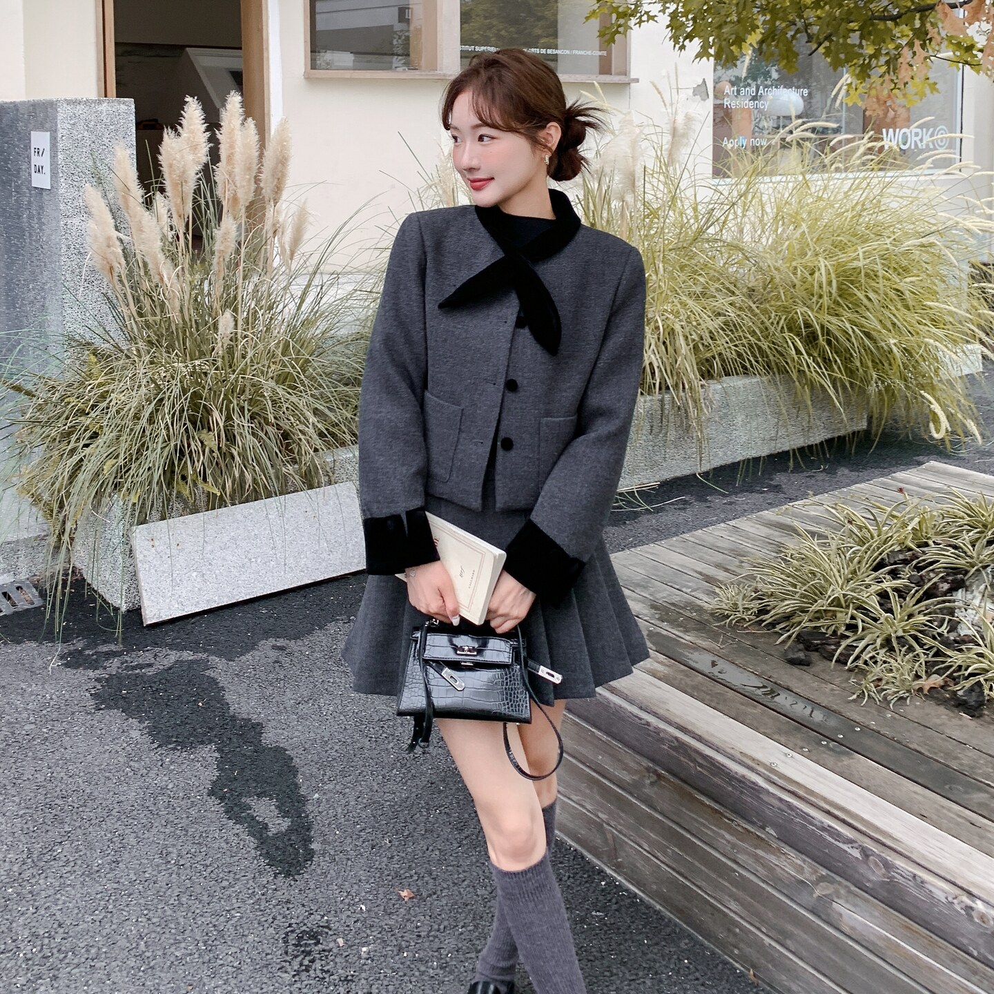 小香风蝴蝶结毛呢外套百褶短裙套装女秋冬新款千金风气质两件套潮,女装套装/套裙,菡迪欧娜