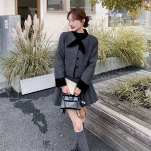 小香风蝴蝶结毛呢外套百褶短裙套装女秋冬新款千金风气质两件套潮图片