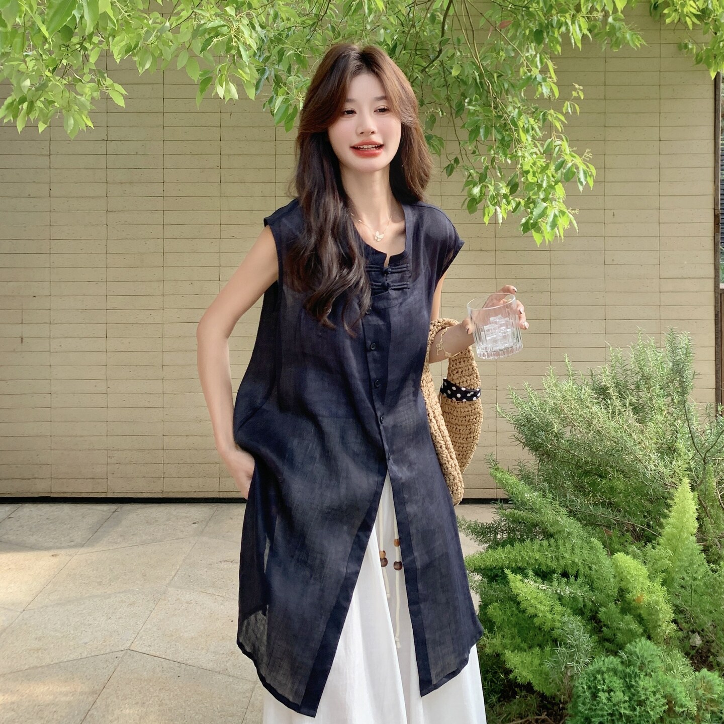 新中式国风盘扣无袖衬衫连衣裙阔腿裤套装女夏巨好看流行两件套,女装套装/套裙,2C075