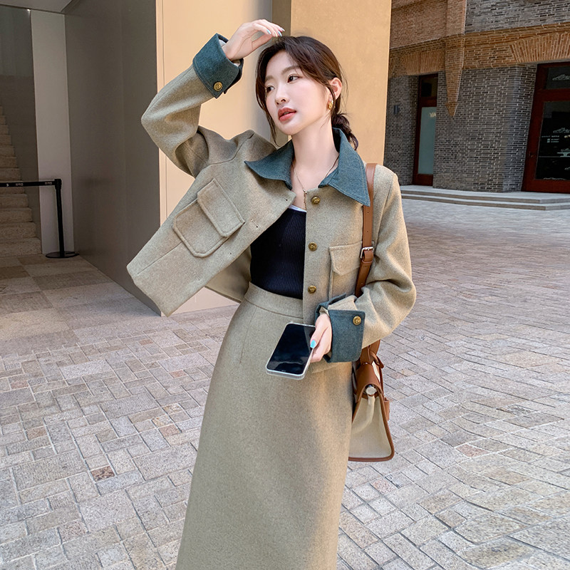 新品主推附买家秀毛呢牛仔拼色两件套705-P195-K278,女装套装/套裙,2C075