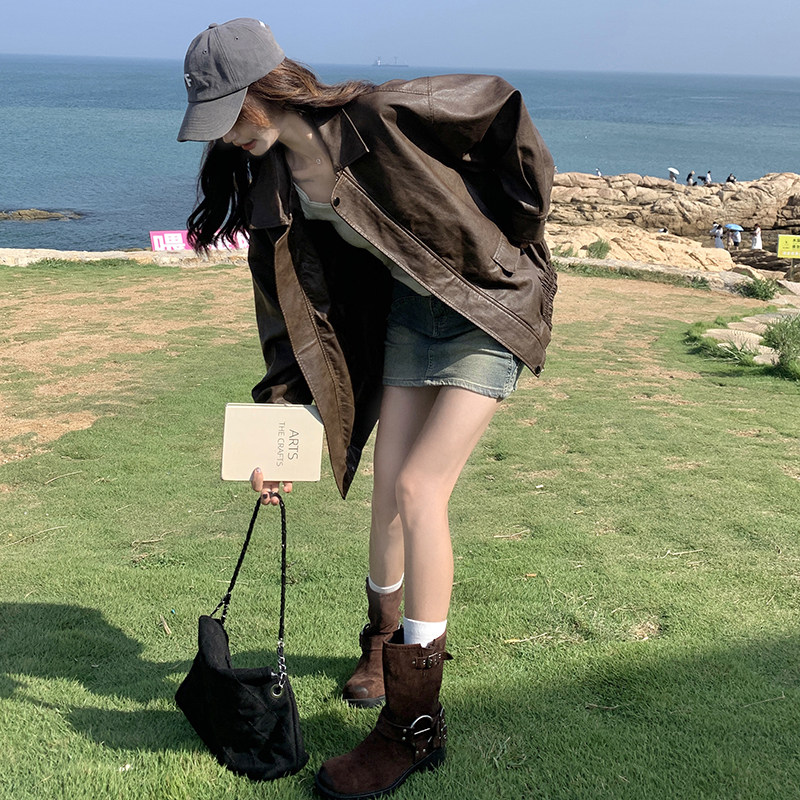 美式港风皮夹克皮衣上衣网红短款韩版春秋秋季轻职风春秋小个子,女装皮衣,菡迪欧娜