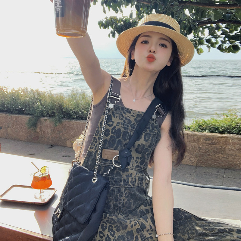 24夏新品美式复古街头风豹纹宽松百搭ins阔腿背带裤367-P125K178,女装连体裤,菡迪欧娜