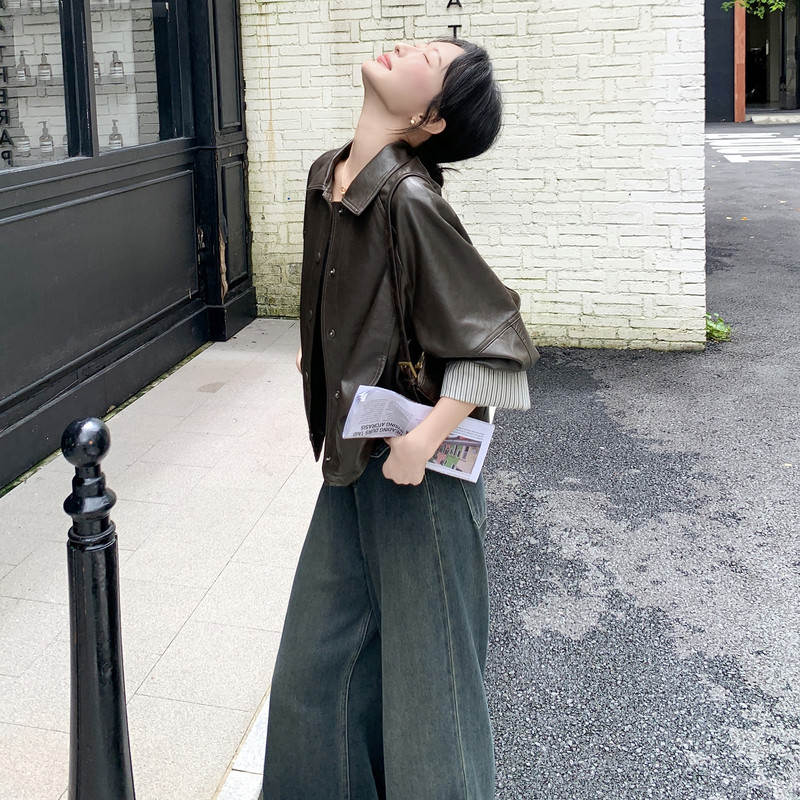 新品大货主推条纹拼接皮衣外套2C075-808-P165-K248,女装皮衣,2C075