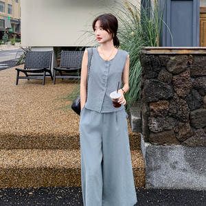新品 主推 麻料毛边无袖上衣+阔腿裤两件套629-P165-K228图片