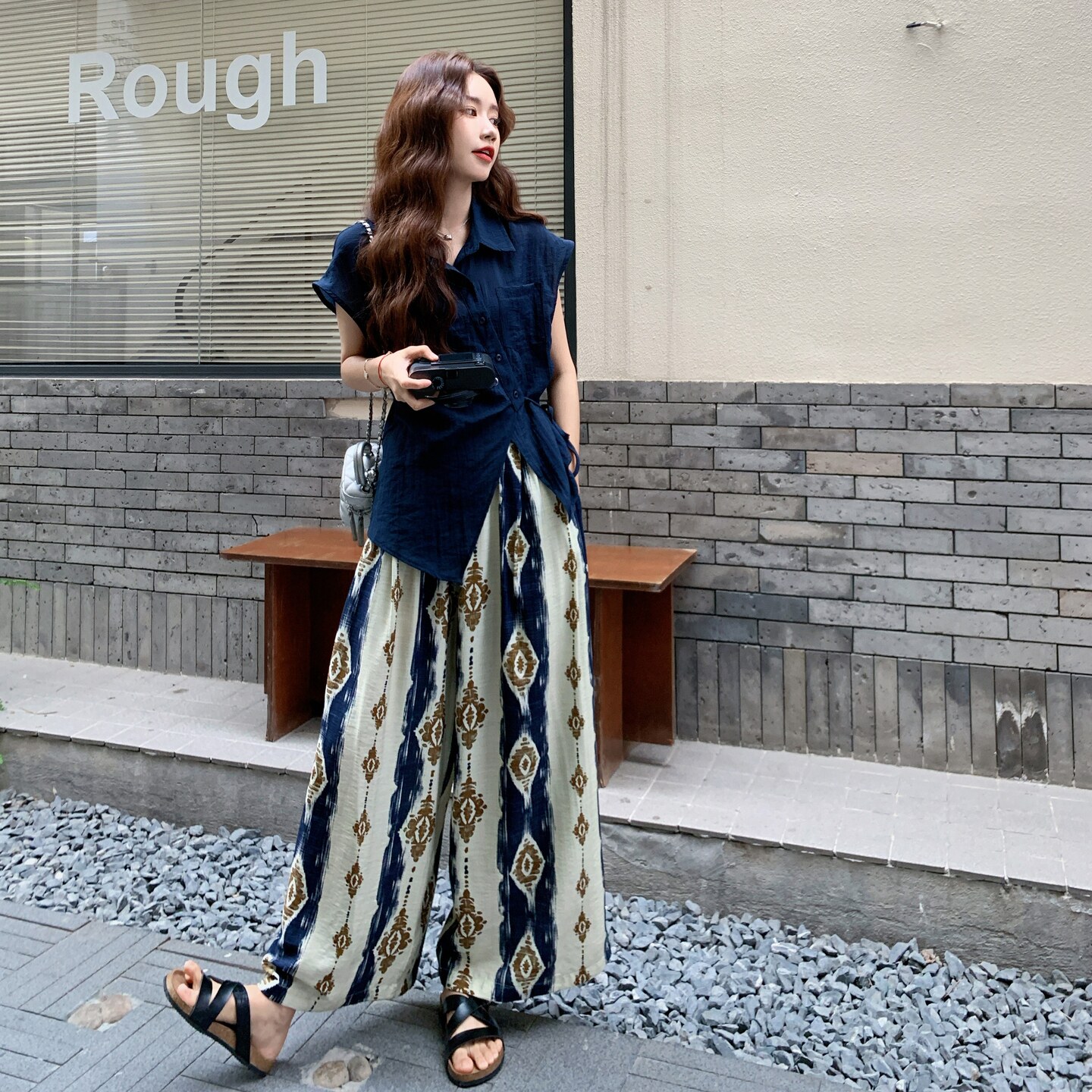 藏青色扭结上衣民族风印花阔腿裤套装两件套女夏季度假一整套ootd,女装套装/套裙,2C075