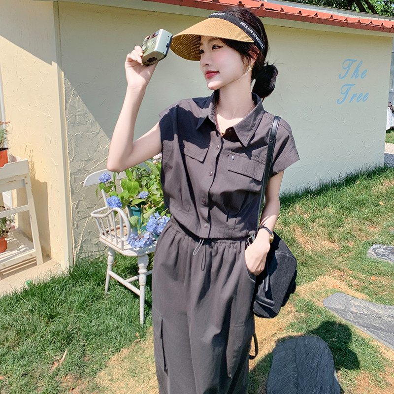 韩系设计感工装连衣裙女2025夏季新款小众超好看收腰显瘦衬衫长裙,女装套装/套裙,2C075