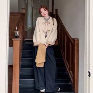 杏色短款无领双面羊绒外套女秋冬超好看高级小众加厚毛呢夹克上衣图片
