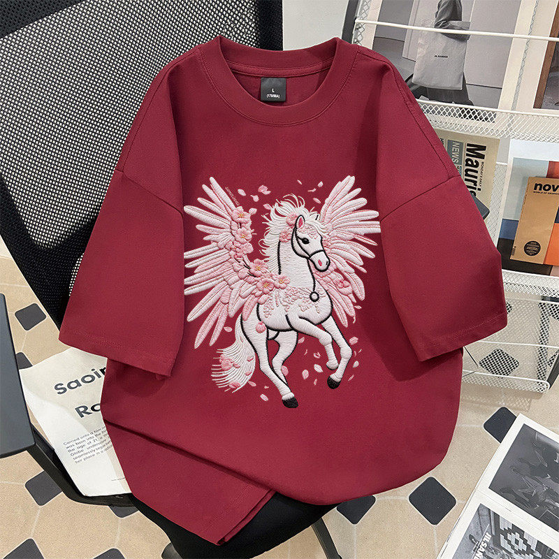 2026新春仿刺绣小马年新款印花纯棉短袖t恤女男春夏oversize上衣