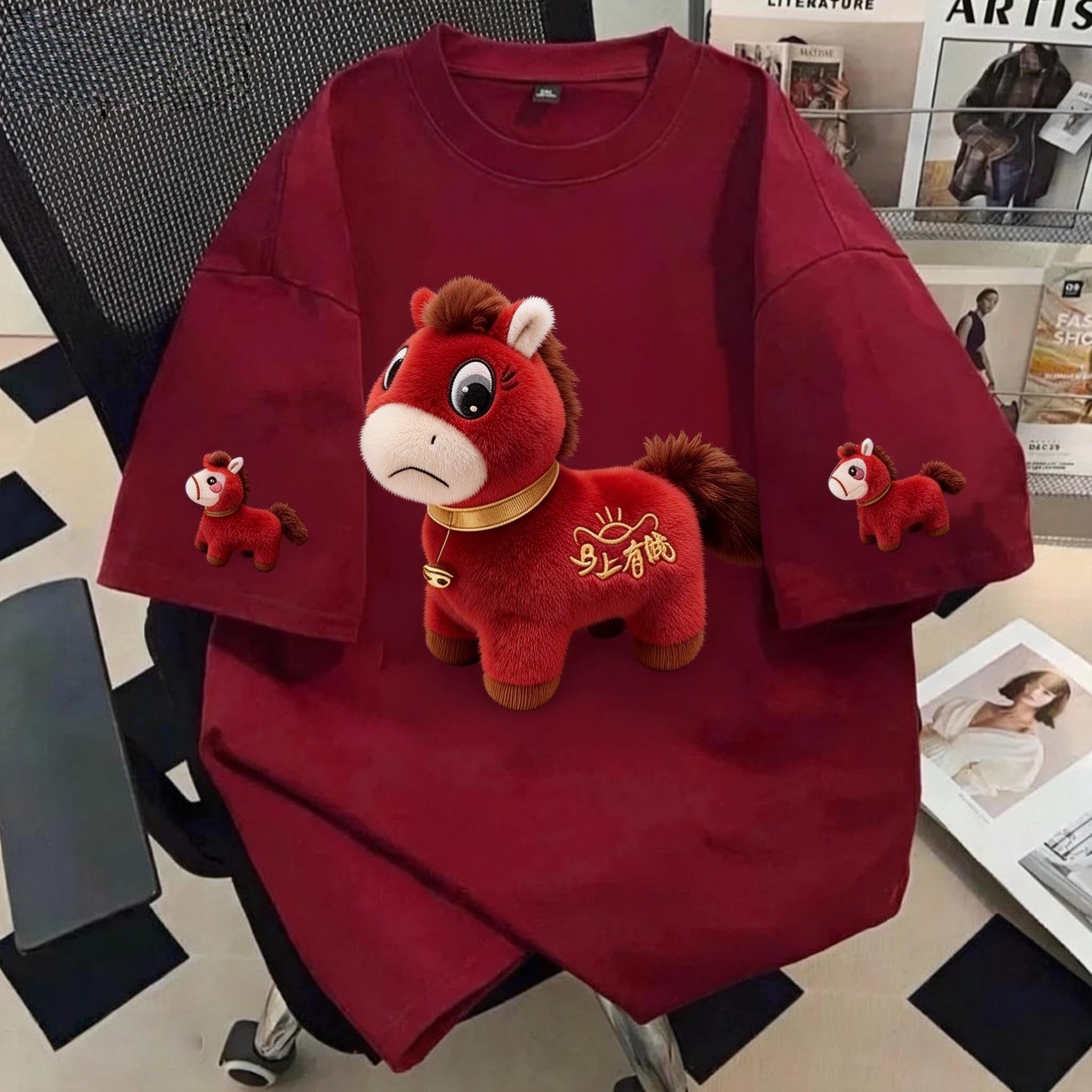 韩系ins休闲宽松仿刺绣小马印花纯棉短袖T恤男女夏季高街潮牌上衣