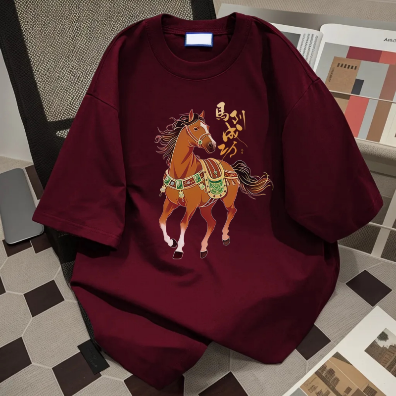 重磅ins休闲宽松仿刺绣小马印花纯棉短袖T恤男女夏季高街潮牌上衣