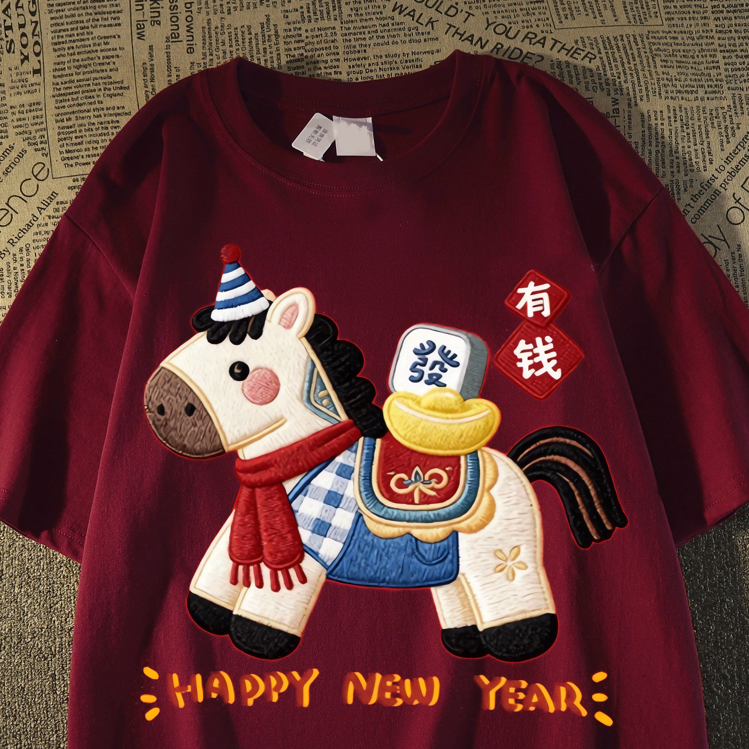 韩系ins休闲宽松仿刺绣小马印花纯棉短袖T恤男女夏季高街潮牌上衣