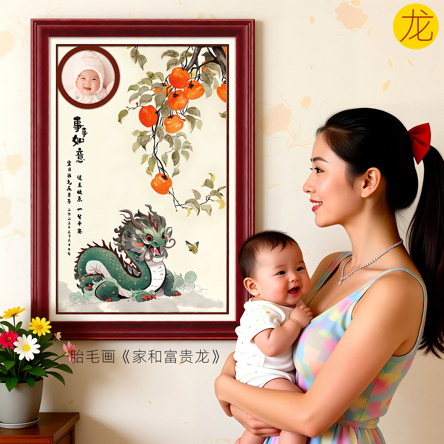 吉祥童子宝宝出生礼物定制生肖胎毛画婴幼儿纪念品家和富贵龙2024