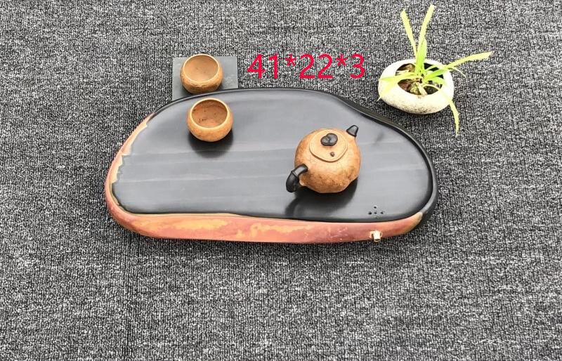 歙砚天然石材料素面实用田园风中式茶盘整块原石家用红色小型茶海