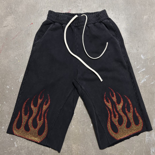 水钻火焰图形7分洗水拼接卫裤 RhinestoneFlame 26$$ LIFEGOESON