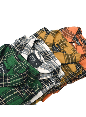 加厚磨毛布 美式复古做旧水洗工装格子衬衫 咔叽Vintage衬衣18112