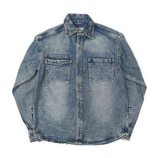 腰果花领 美式复古做旧水洗牛仔衬衫日常休闲宽松厚实长袖衬衣205