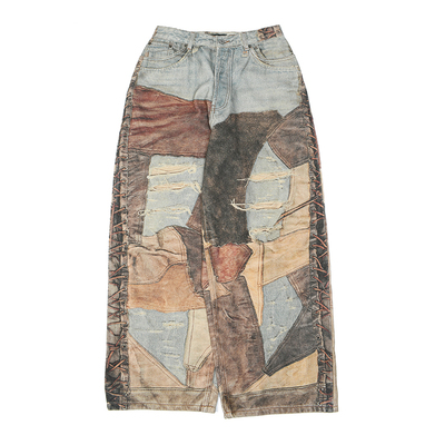 复古做旧水洗破洞补丁印花牛仔裤