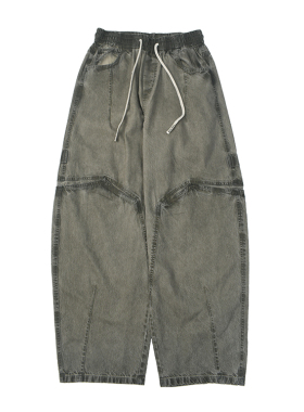 结构阔腿 美式复古做旧重水洗腊染牛仔裤 高街休闲宽松版长裤 521